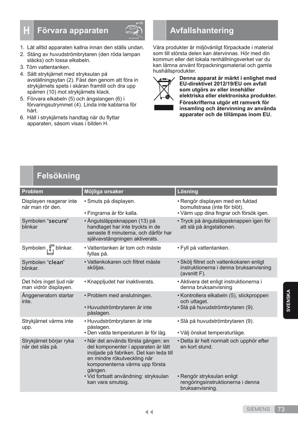 H. förvara apparaten, Avfallshantering, Felsökning | Förvara apparaten | Siemens TS45450 User Manual | Page 73 / 172