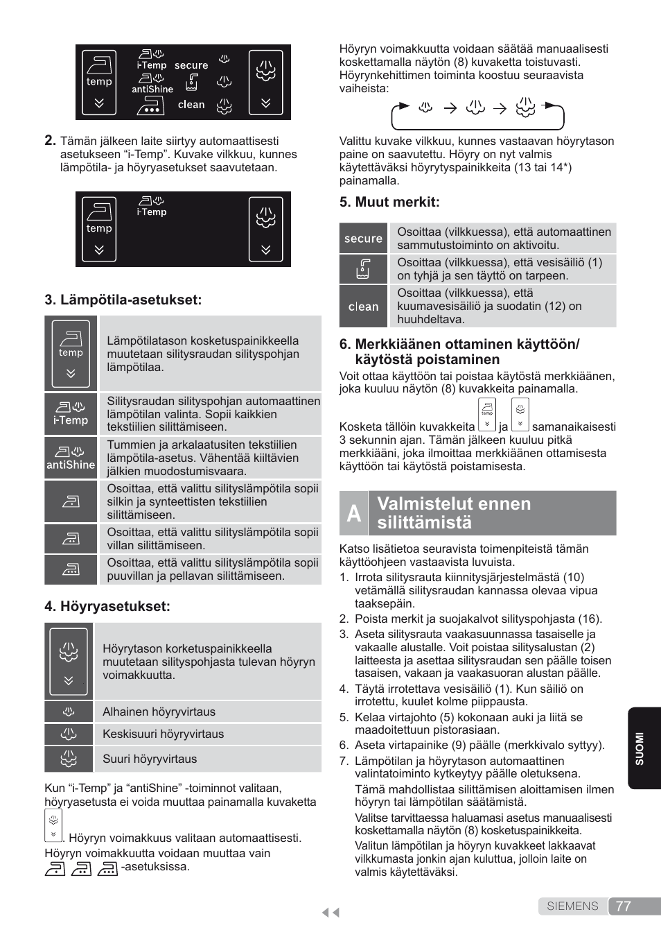 A. valmistelut ennen silittämistä, Valmistelut ennen silittämistä | Siemens TS45450 User Manual | Page 77 / 172
