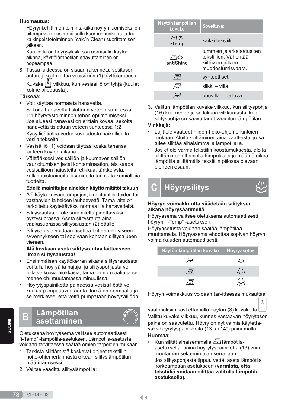 B. lämpötilan asettaminen, C. höyrysilitys, Höyrysilitys | Lämpötilan asettaminen | Siemens TS45450 User Manual | Page 78 / 172