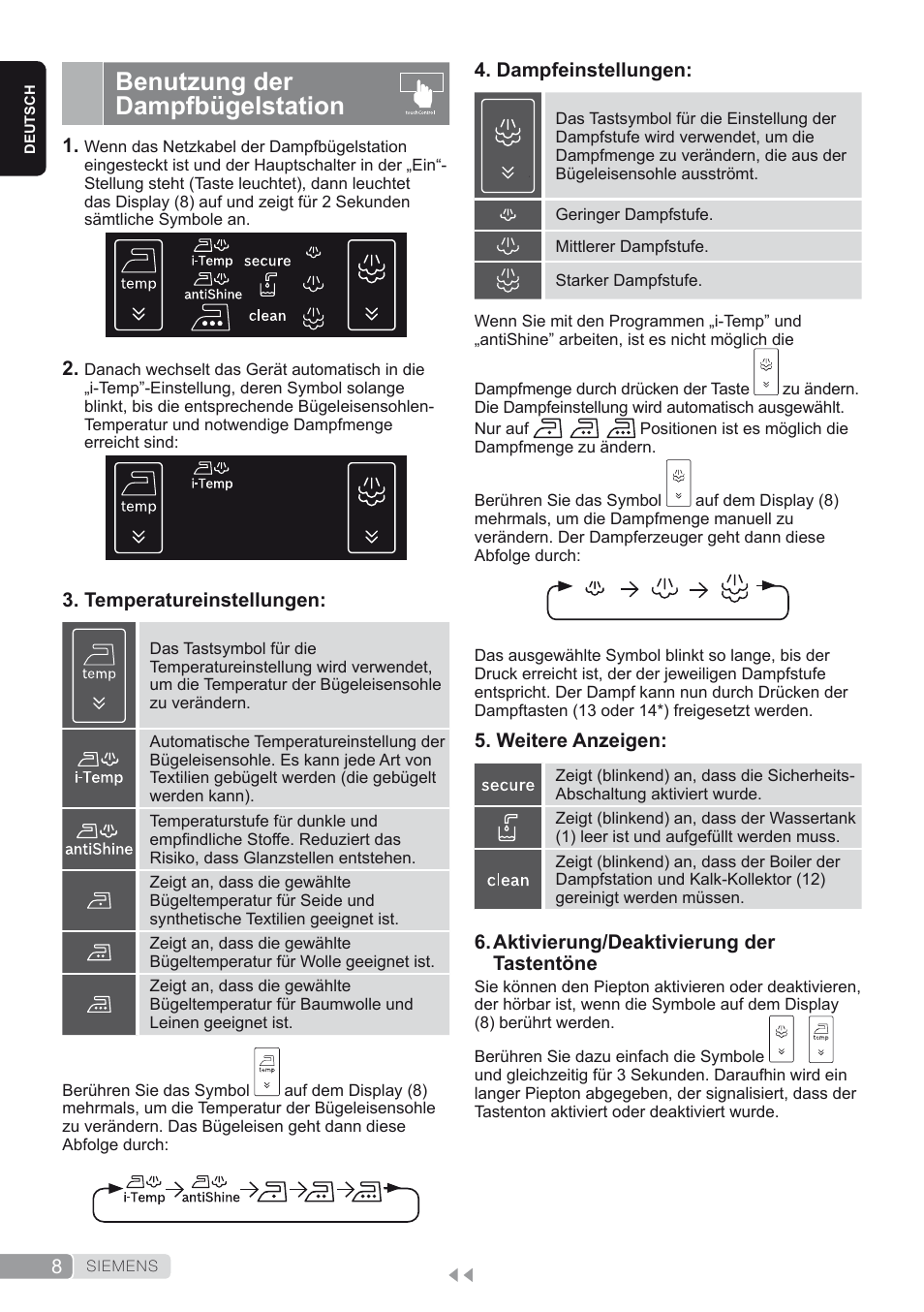 Benutzung der dampfbügelstation | Siemens TS45450 User Manual | Page 8 / 172