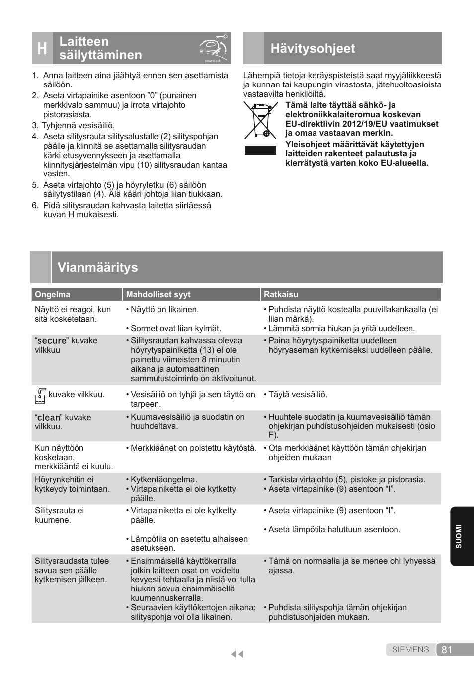 H. laitteen säilyttäminen, Hävitysohjeet, Vianmääritys | Laitteen säilyttäminen | Siemens TS45450 User Manual | Page 81 / 172