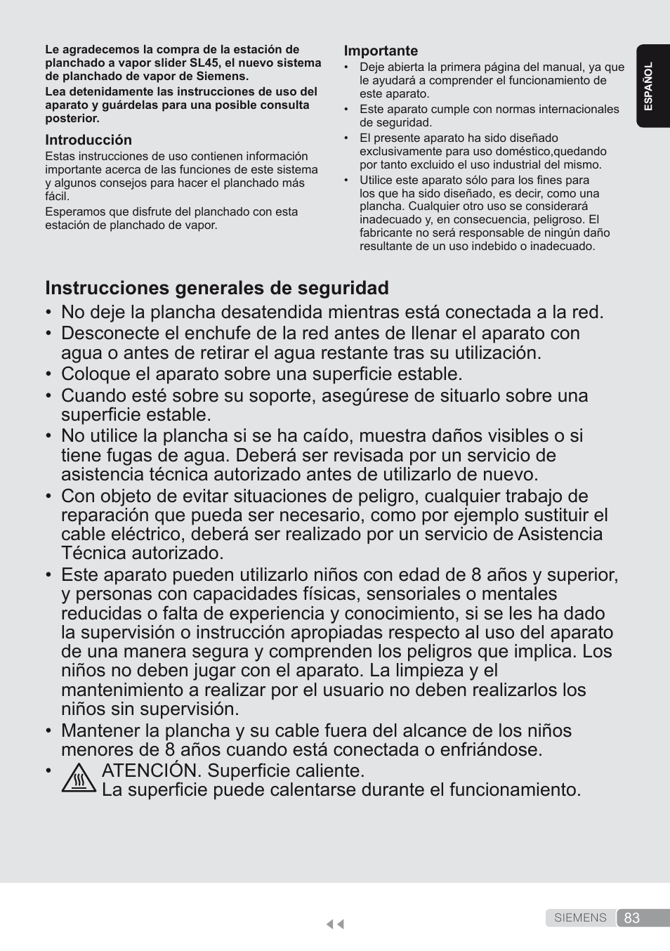 Español, Instrucciones generales de seguridad | Siemens TS45450 User Manual | Page 83 / 172