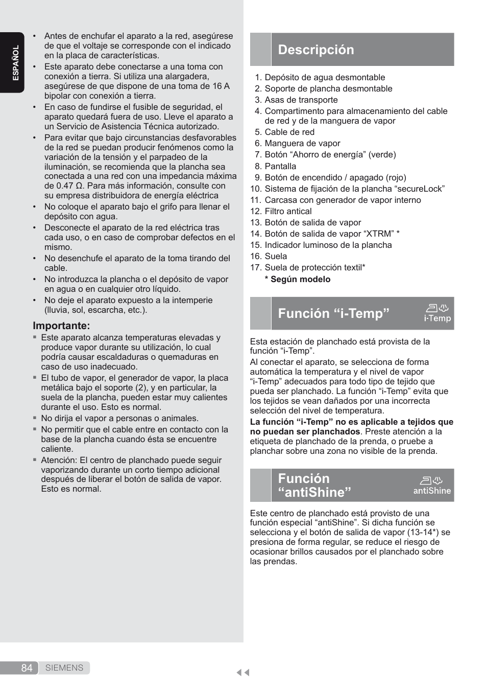 Descripción, Función “i-temp, Función “antishine | Siemens TS45450 User Manual | Page 84 / 172