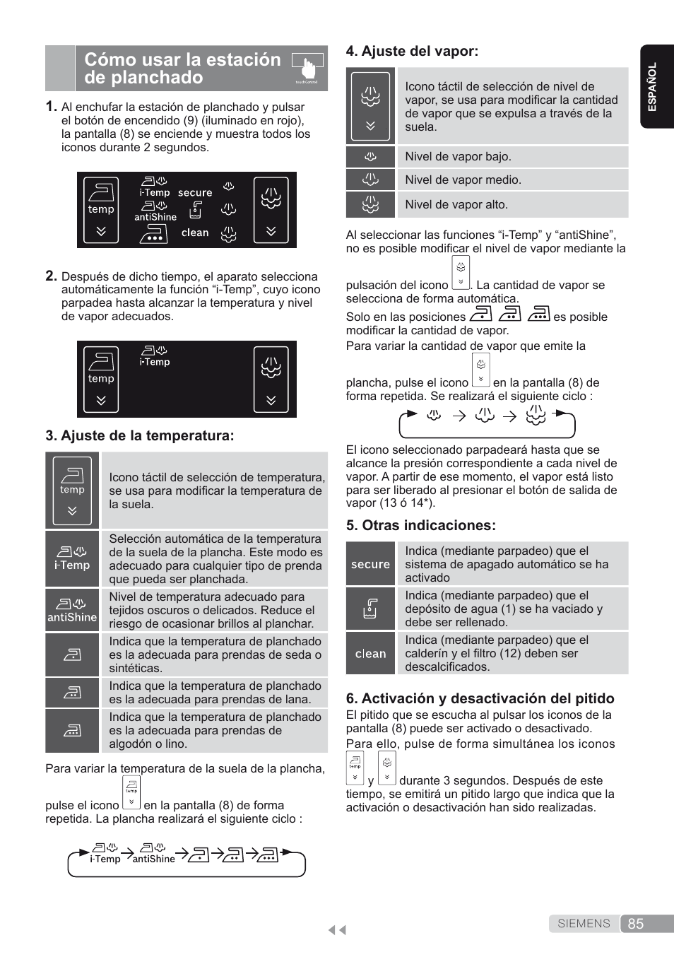 Cómo usar la estación de planchado | Siemens TS45450 User Manual | Page 85 / 172