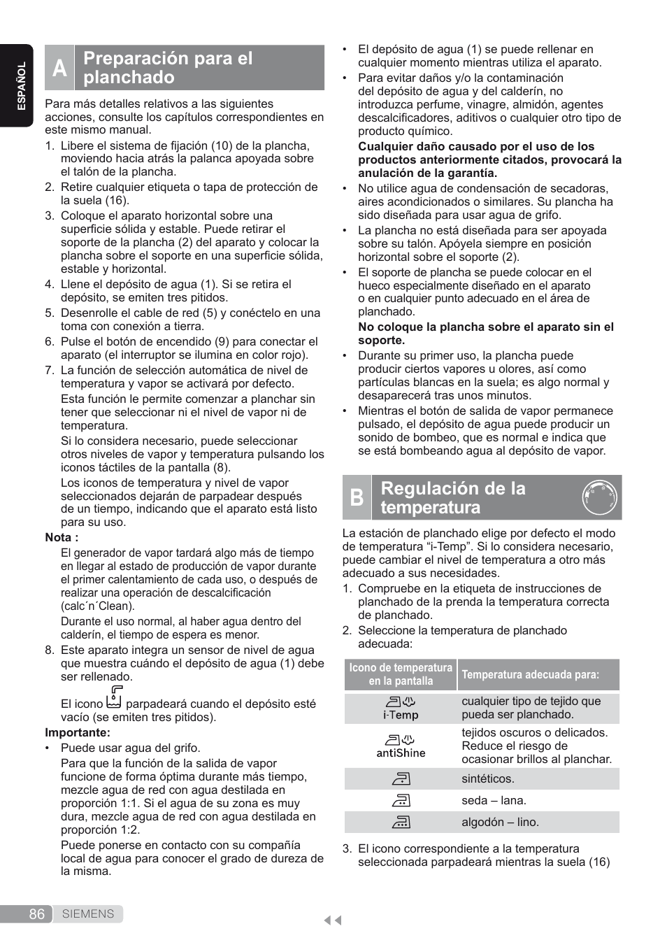 A. preparación para el planchado, B. regulación de la temperatura, Preparación para el planchado | Regulación de la temperatura | Siemens TS45450 User Manual | Page 86 / 172