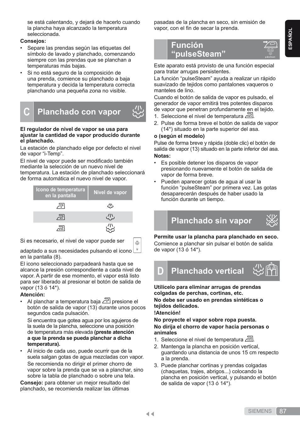 C. planchado con vapor, Función “pulsesteam, Planchado sin vapor | D. planchado vertical, Planchado vertical, Planchado con vapor | Siemens TS45450 User Manual | Page 87 / 172
