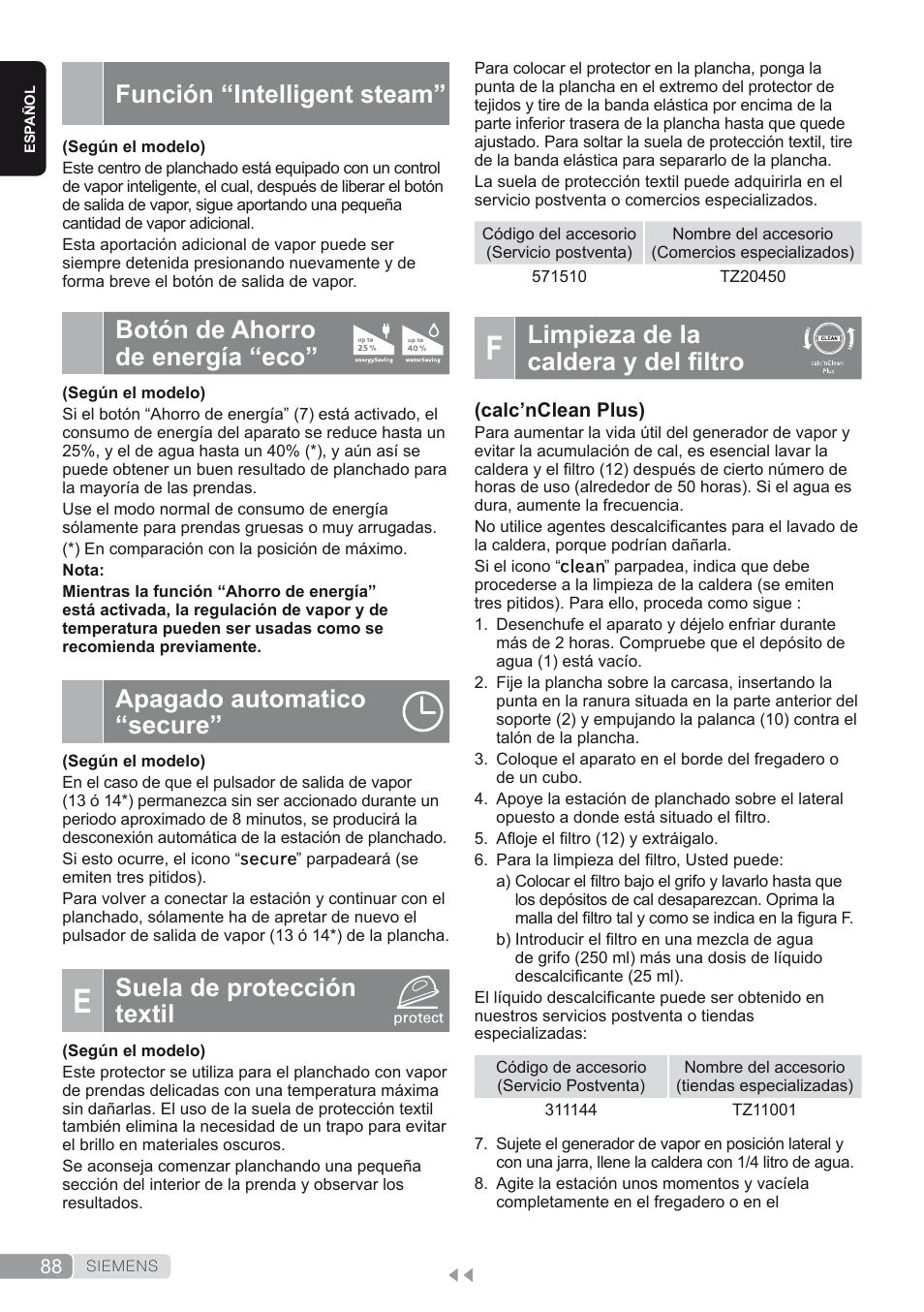 Función “intelligent steam, Botón de ahorro de energía “eco, Apagado automatico “secure | E. suela de protección textil, Limpieza de la caldera y del filtro, Suela de protección textil | Siemens TS45450 User Manual | Page 88 / 172