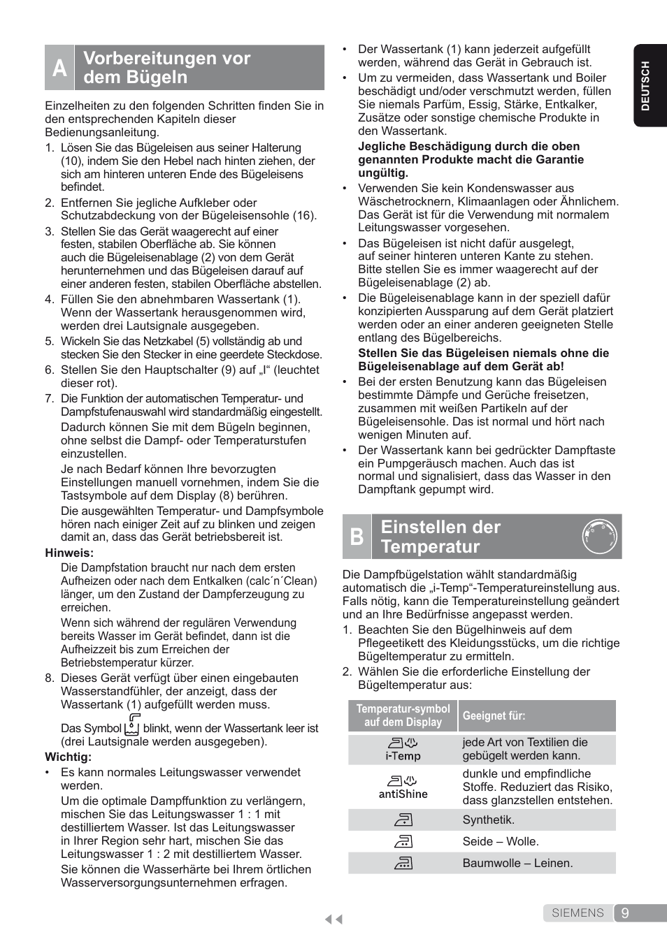 A. vorbereitungen vor dem bügeln, B. einstellen der temperatur, Einstellen der temperatur | Vorbereitungen vor dem bügeln | Siemens TS45450 User Manual | Page 9 / 172