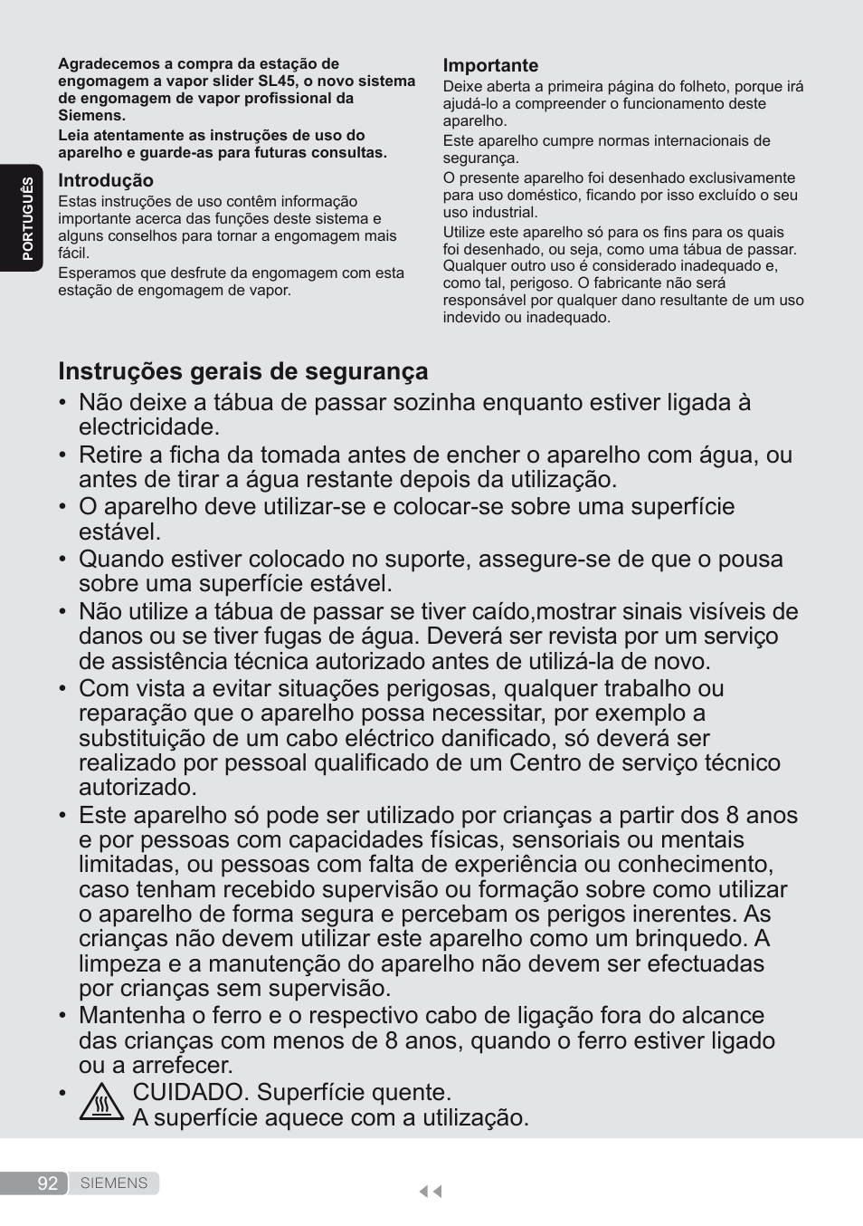 Português, Instruções gerais de segurança | Siemens TS45450 User Manual | Page 92 / 172