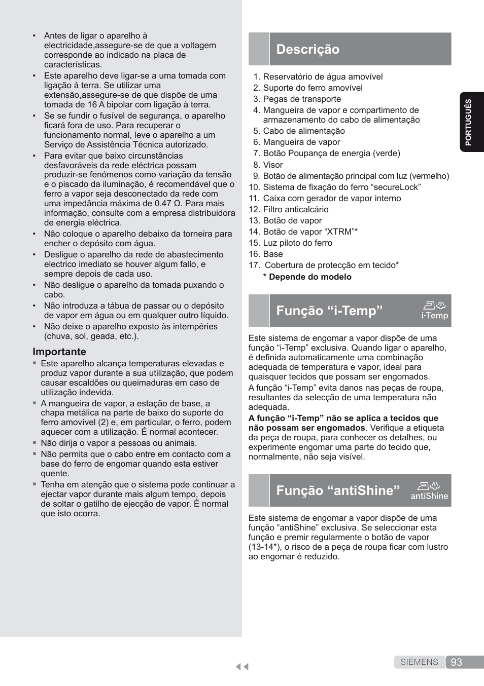 Descrição, Função “i-temp, Função “antishine | Siemens TS45450 User Manual | Page 93 / 172