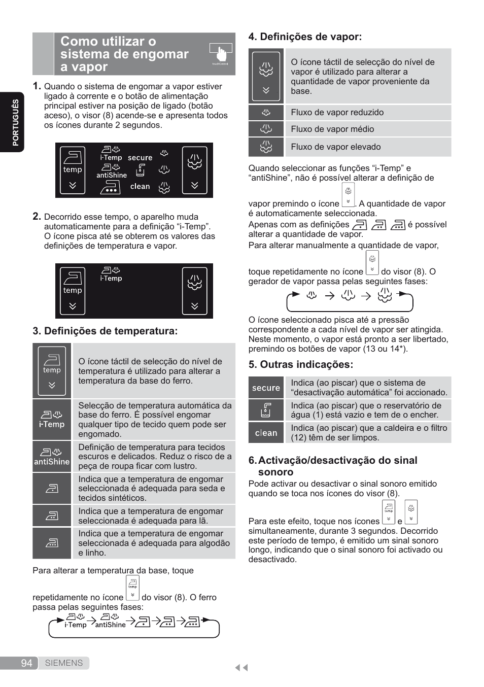 Como utilizar o sistema de engomar a vapor | Siemens TS45450 User Manual | Page 94 / 172