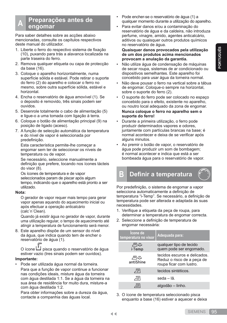 A. preparações antes de engomar, B. definir a temperatura, Definir a temperatura | Preparações antes de engomar | Siemens TS45450 User Manual | Page 95 / 172
