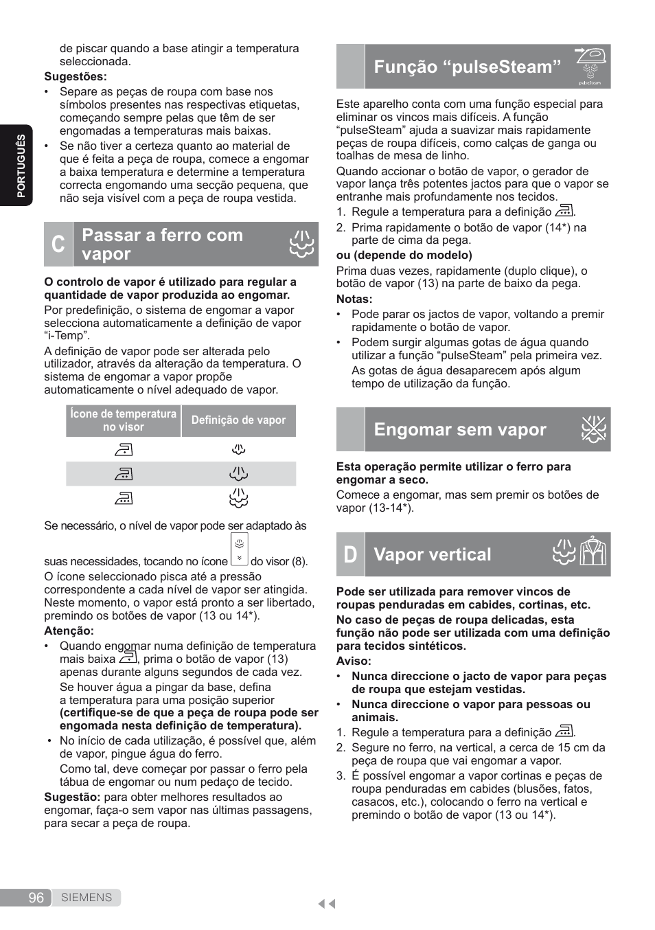 C. passar a ferro com vapor, Função “pulsesteam, Engomar sem vapor | D. vapor vertical, Vapor vertical, Passar a ferro com vapor | Siemens TS45450 User Manual | Page 96 / 172
