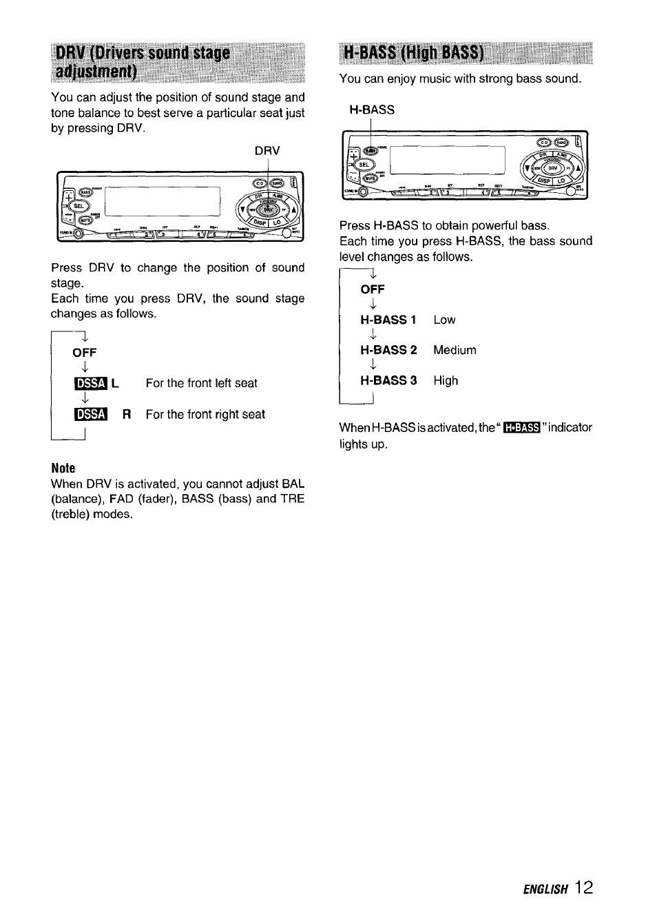 Drv (drivers sound stage adjustment), H-bass (high bass) | Aiwa CT-FX729M User Manual | Page 13 / 56