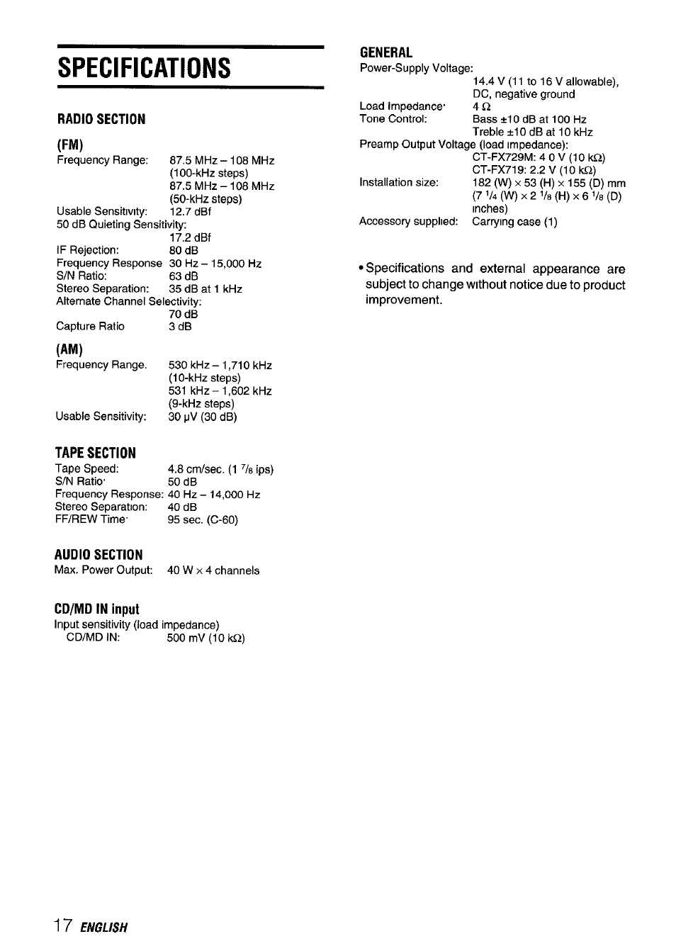 Specifications, Radio section (fm), General | Tape section, Audio section, Cd/md in input | Aiwa CT-FX729M User Manual | Page 18 / 56