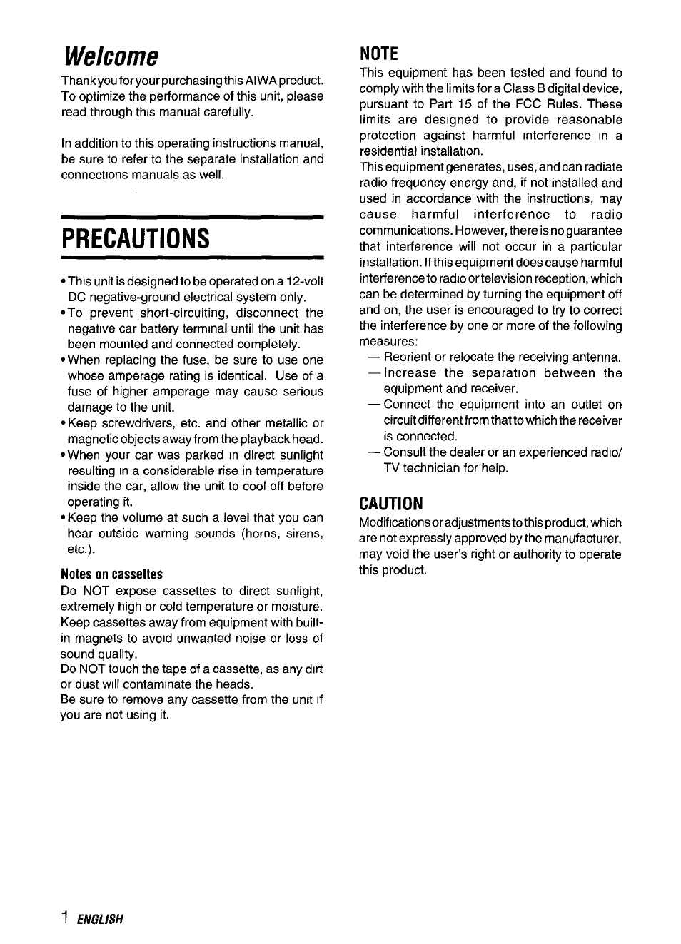 Welcome, Precautions, Notes on cassettes | Note, Caution | Aiwa CT-FX729M User Manual | Page 2 / 56