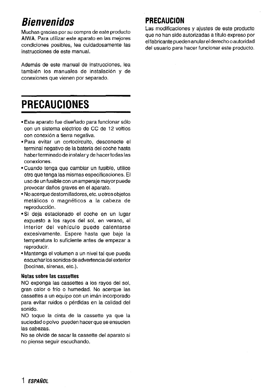 Precauciones, Notas sobre las cassettes, Bienvenidos | Precaucion | Aiwa CT-FX729M User Manual | Page 20 / 56