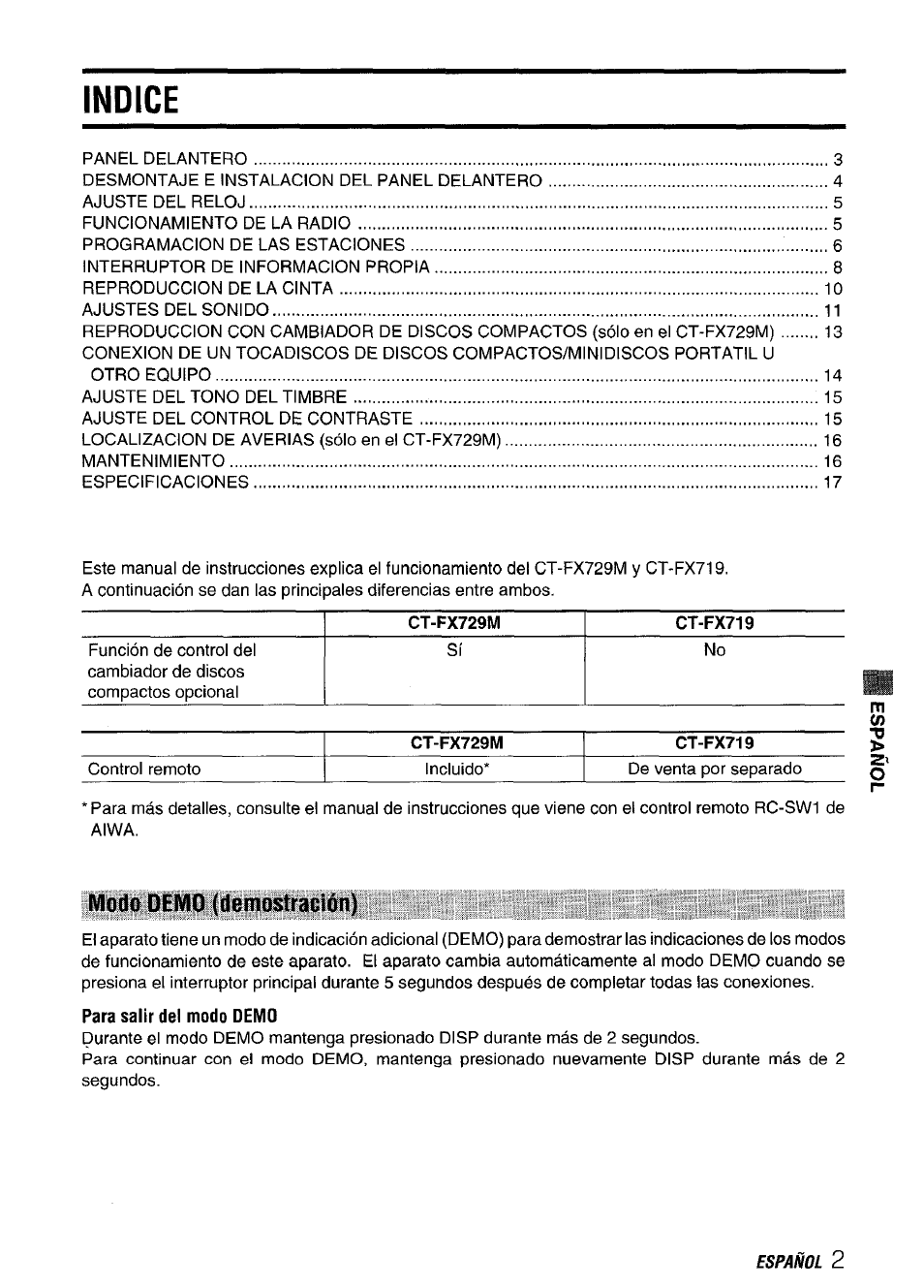 Indice, Modo demo (demostración), Para salir del modo demo | Aiwa CT-FX729M User Manual | Page 21 / 56