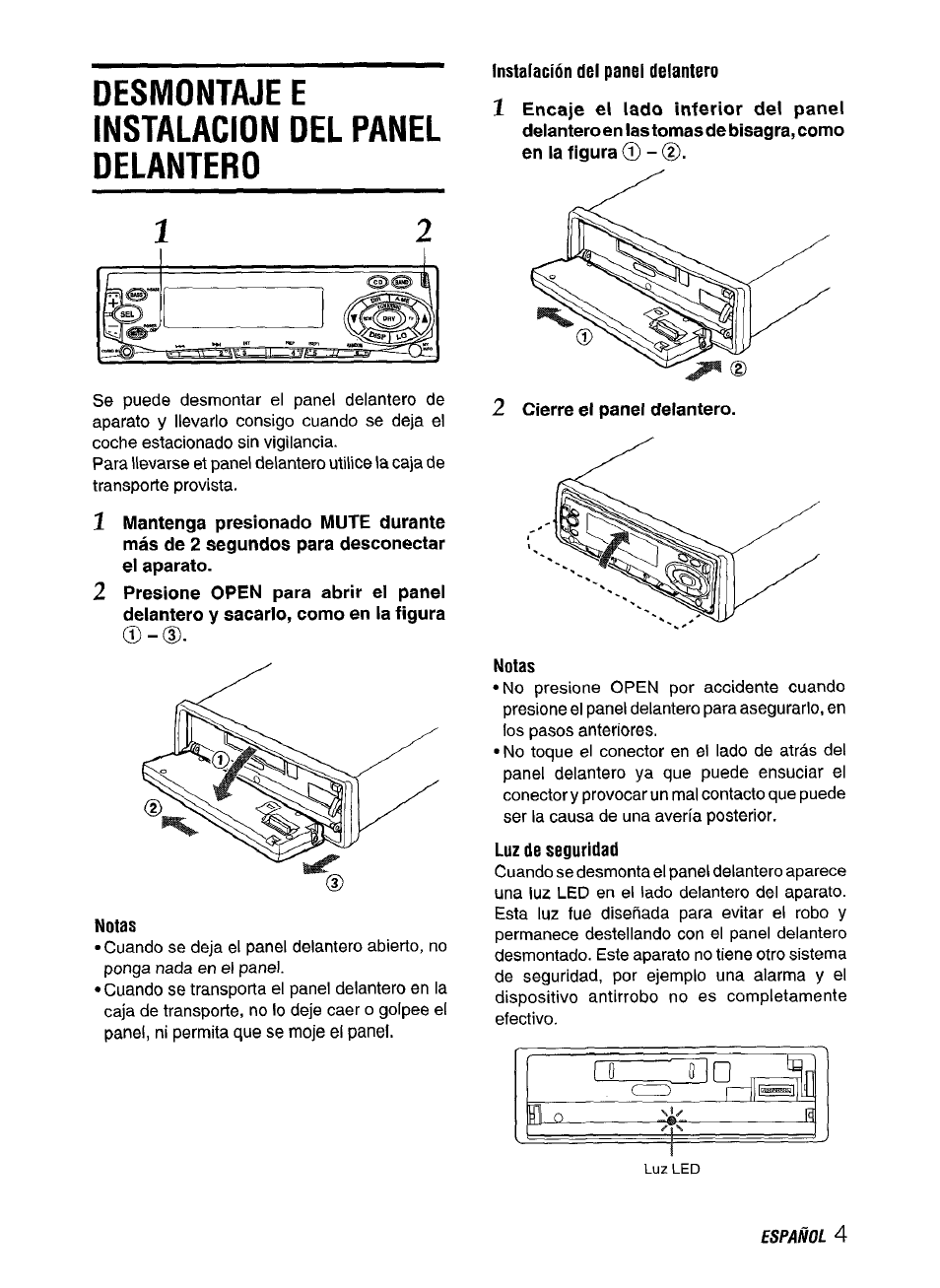 Desmontaje e instalacion del panel delantero, Instalación del panel delantero, Notas | Luz de seguridad | Aiwa CT-FX729M User Manual | Page 23 / 56