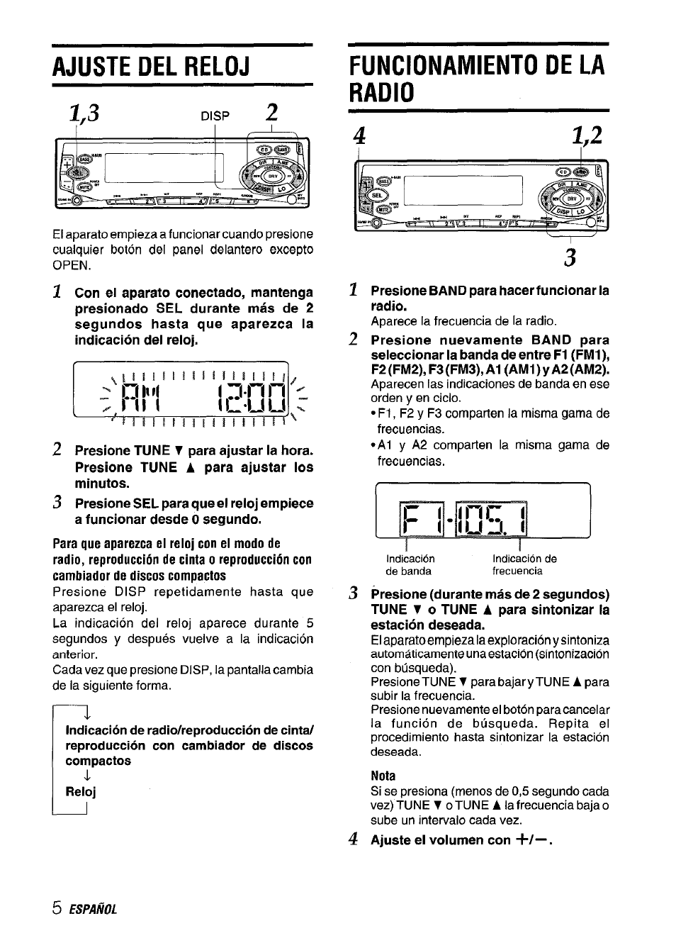 Ajuste del reloj, Funcionamiento de la radio, Nota | Aiwa CT-FX729M User Manual | Page 24 / 56