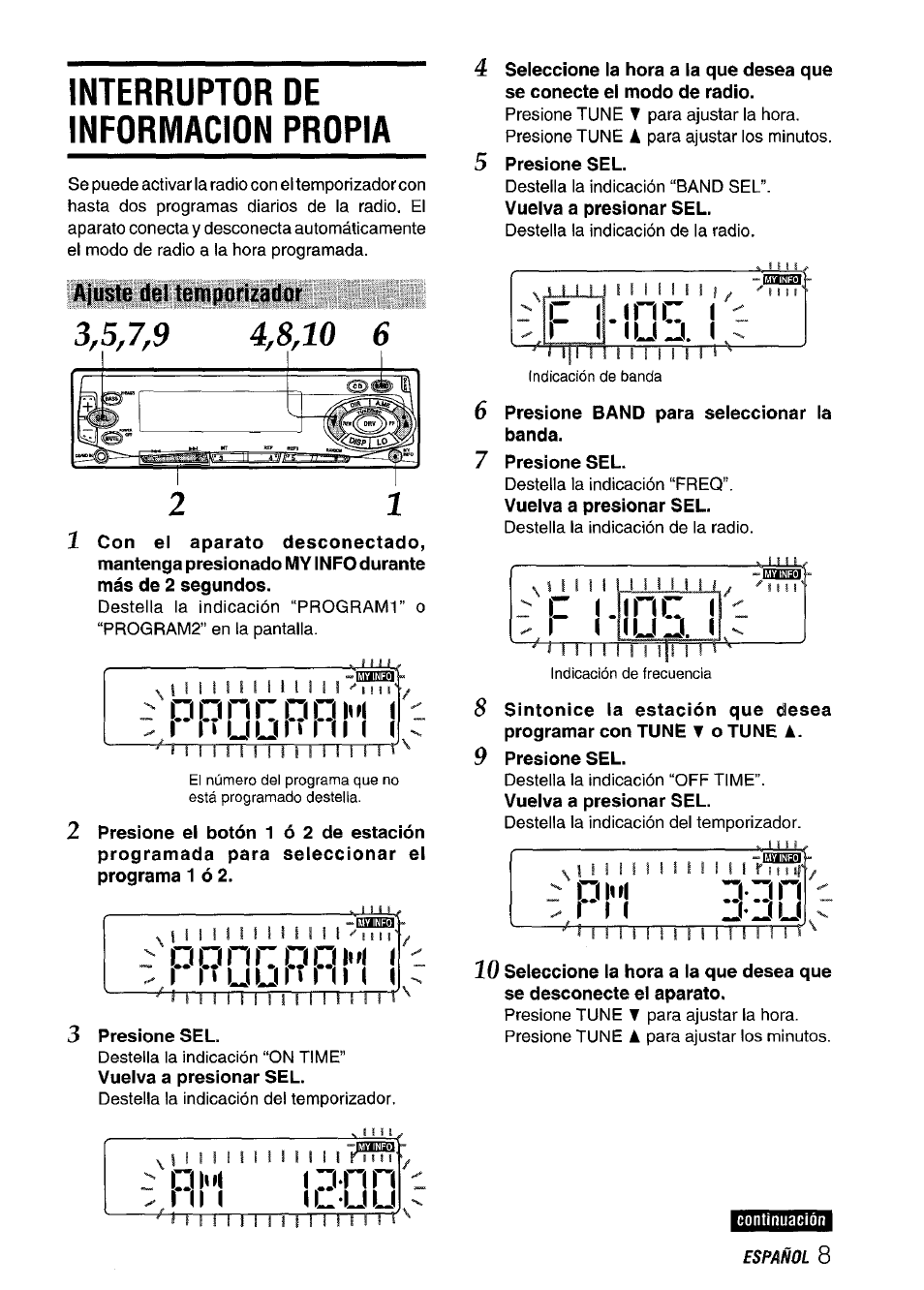 Interruptor de informacion propia, Ajuste del temporizador, I * uuh mm | 3 presione sel, Presione sel, Presione band para seleccionar la banda, 9 presione sel, F(l l (uuu, Gl«»l g-gh ifl g-ju | Aiwa CT-FX729M User Manual | Page 27 / 56