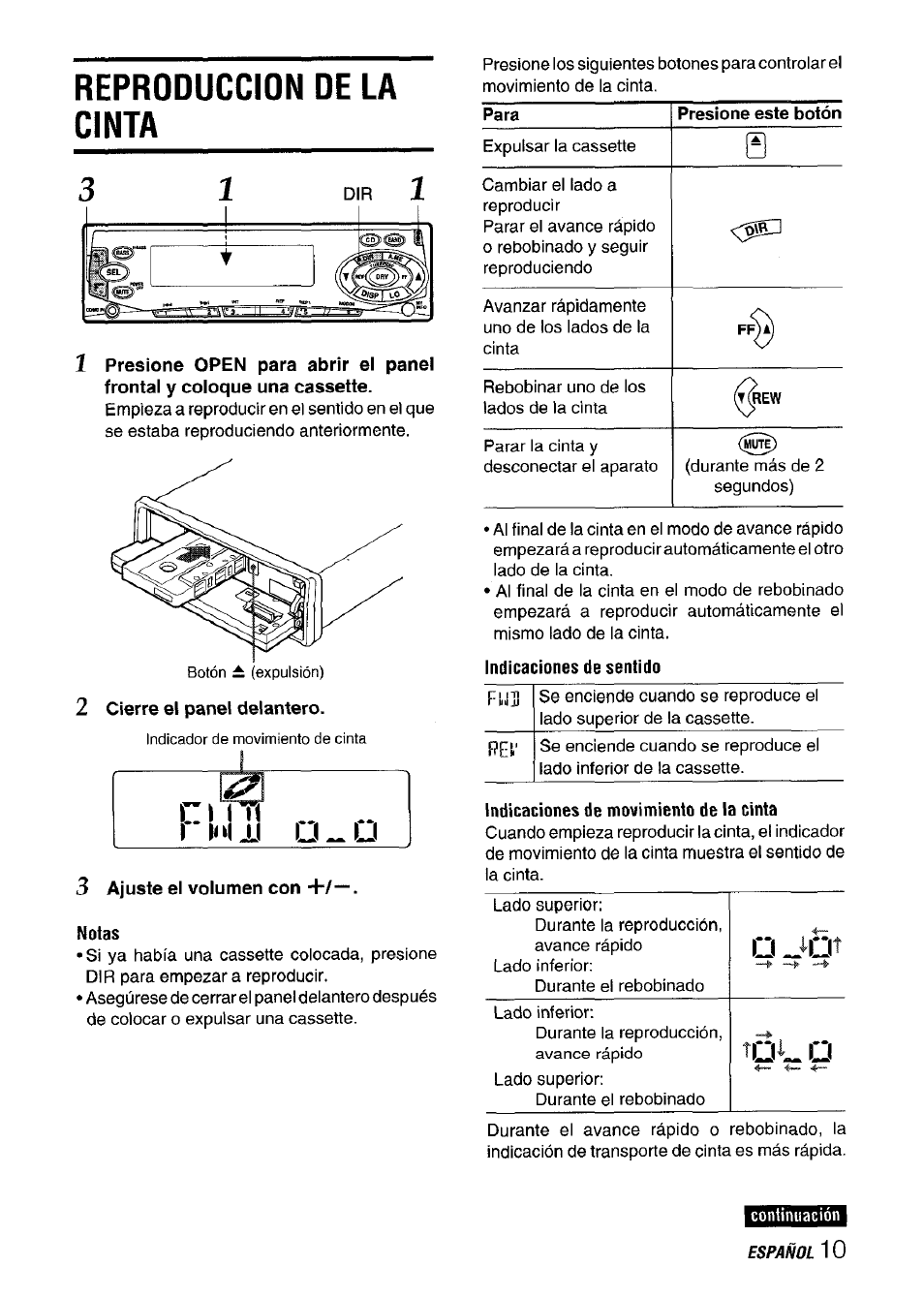 Reproduccion de la cinta, 3 ajuste el volumen con, Notas | Indicaciones de sentido, Indicaciones de movimiento de la cinta, Continuación | Aiwa CT-FX729M User Manual | Page 29 / 56