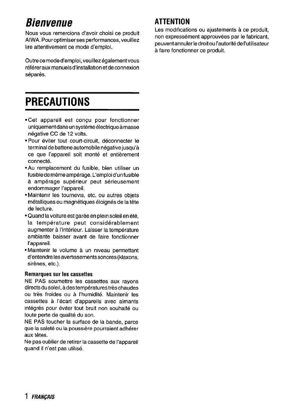 Precautions, Bienvenue, Attention | Aiwa CT-FX729M User Manual | Page 38 / 56