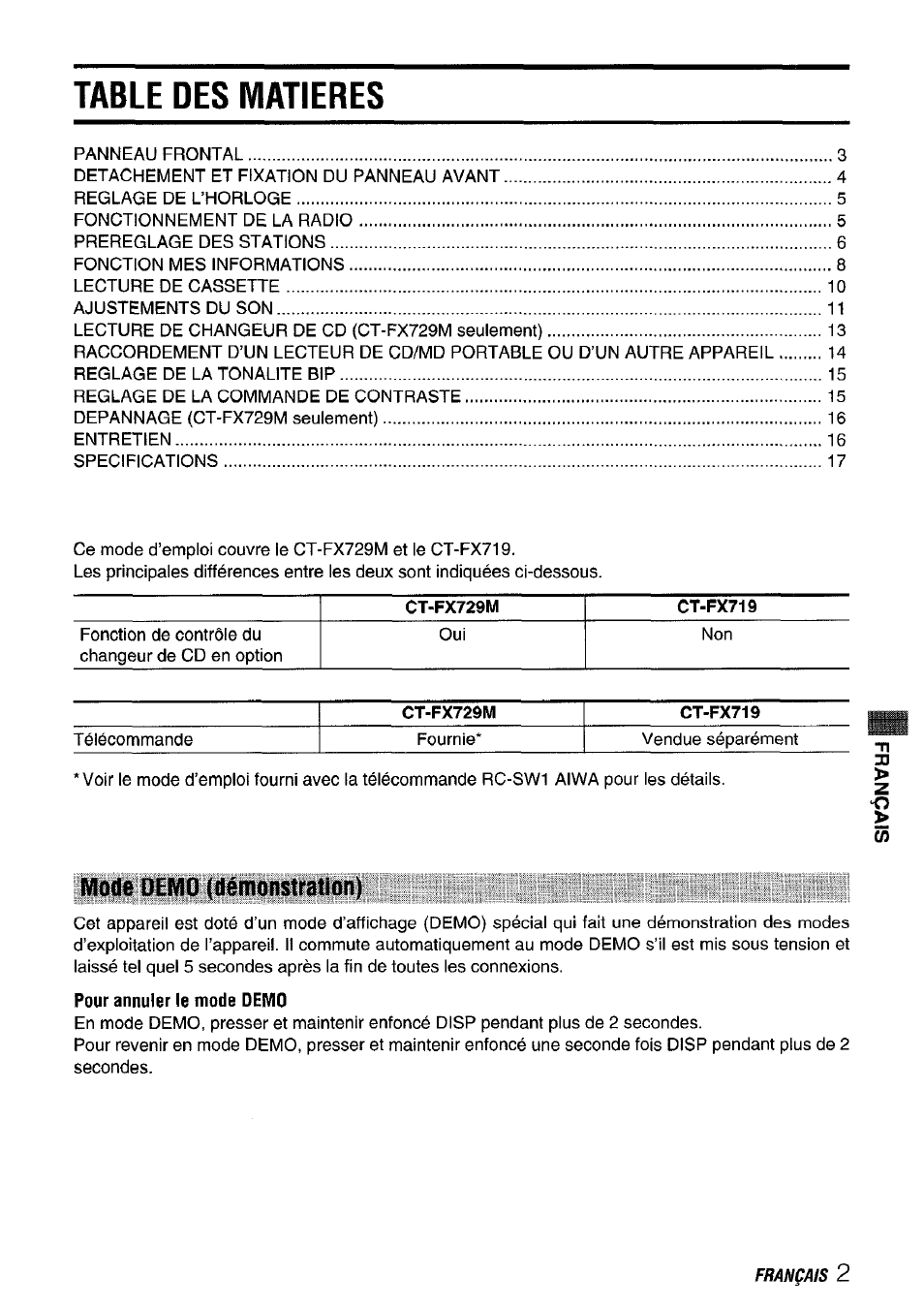 Table des matieres, Mode demo (démonstration), Pour annuler le mode demo | Aiwa CT-FX729M User Manual | Page 39 / 56