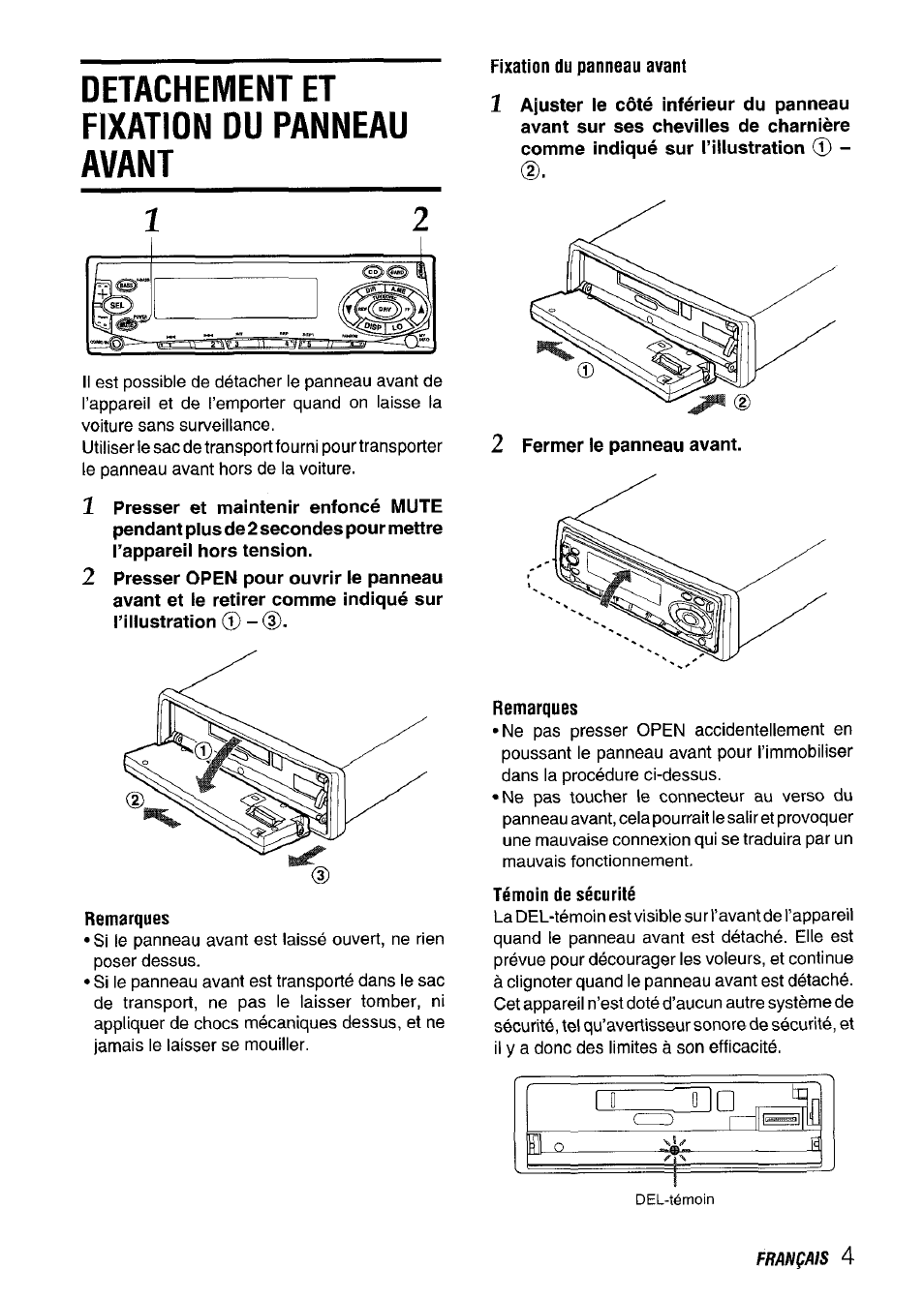 Detachement et fixation du panneau avant, Remarques, Fixation du panneau avant | Témoin de sécurité | Aiwa CT-FX729M User Manual | Page 41 / 56