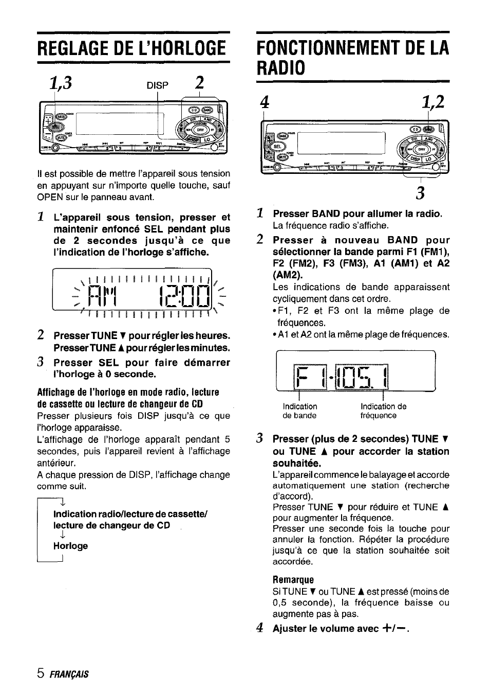 Fonctionnement de la radio, Presser band pour allumer la radio, Remarque | Reglage de uhorloge, Olul, M m ( l u u | Aiwa CT-FX729M User Manual | Page 42 / 56