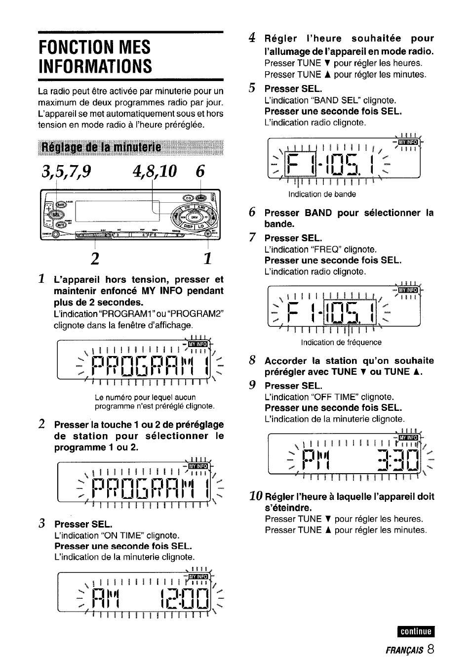 Fonction mes informations, Réglage de la minuterie, Nr:ggl'»i i | 3 presser sel, L ii ( luuu, 6 presser band pour sélectionner la bande, 7 presser sel, 9 presser sel, G g u, L ii ( l u u u | Aiwa CT-FX729M User Manual | Page 45 / 56