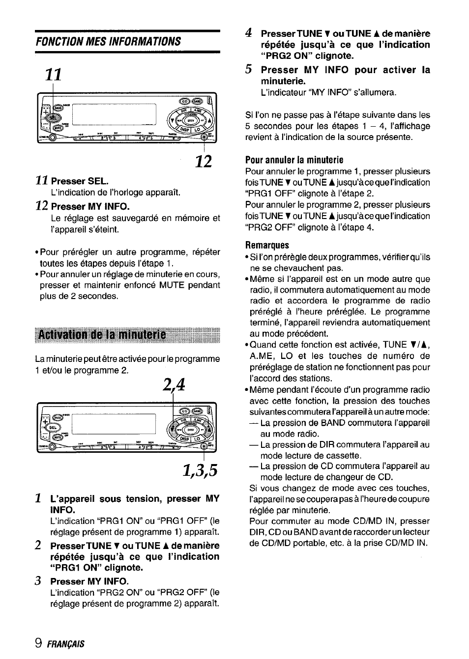 11 presser sel, 12 presser my info, Activation de la minuterie | L’appareil sous tension, presser my info, 5 presser my info pour activer ia minuterie, Pour annuler la minuterie, Remarques | Aiwa CT-FX729M User Manual | Page 46 / 56