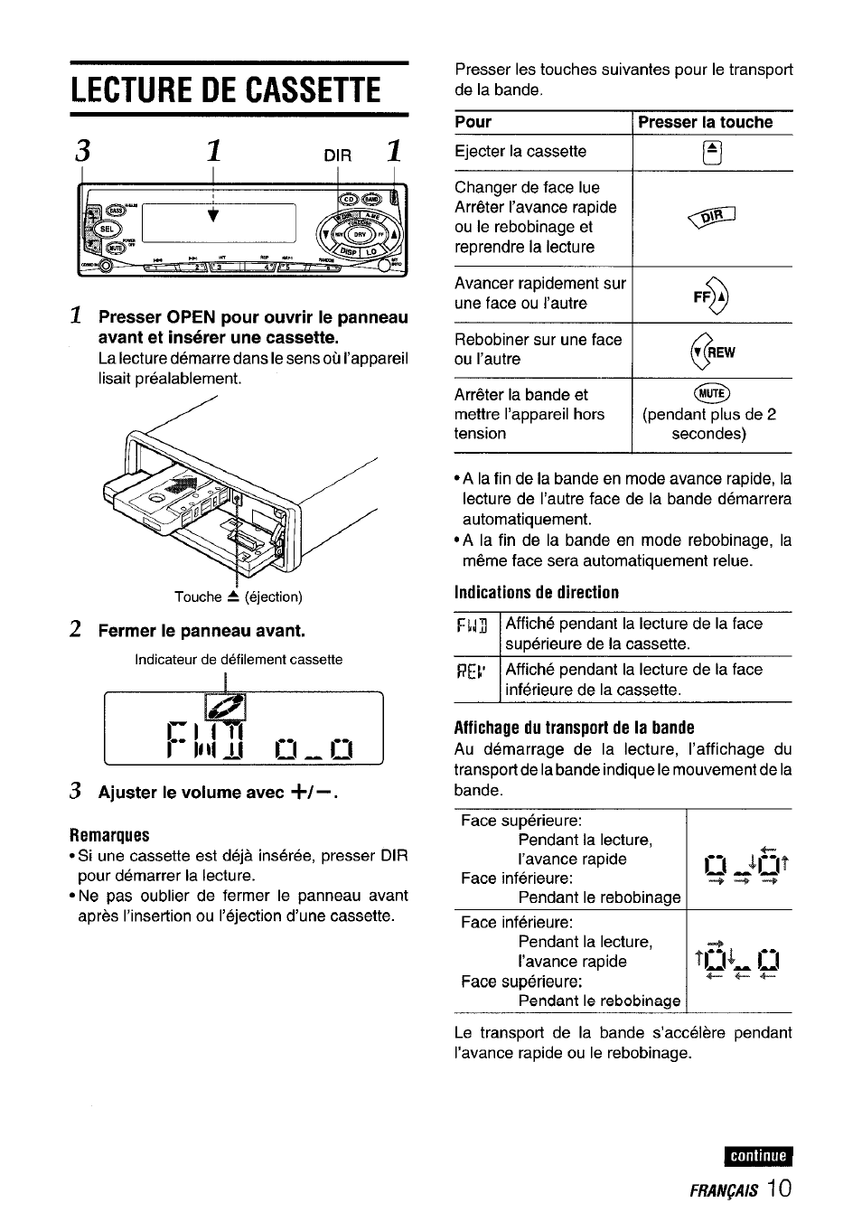 Lecture de cassette, 3 ajuster le volume avec +/—. remarques, Indications de direction | Affichage du fransport de la bande | Aiwa CT-FX729M User Manual | Page 47 / 56