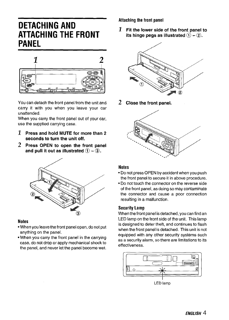 Detaching and attaching the frdnt panel, Attaching the front panel, Notes | Security lamp, Detaching and attaching the front panel | Aiwa CT-FX729M User Manual | Page 5 / 56