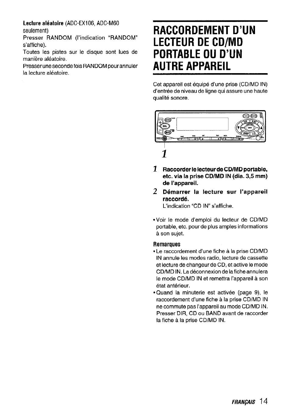 Lecture aléatoire (adc-ex106, adc-m60, 2 démarrer la lecture sur l’appareil raccordé, Remarques | Aiwa CT-FX729M User Manual | Page 51 / 56