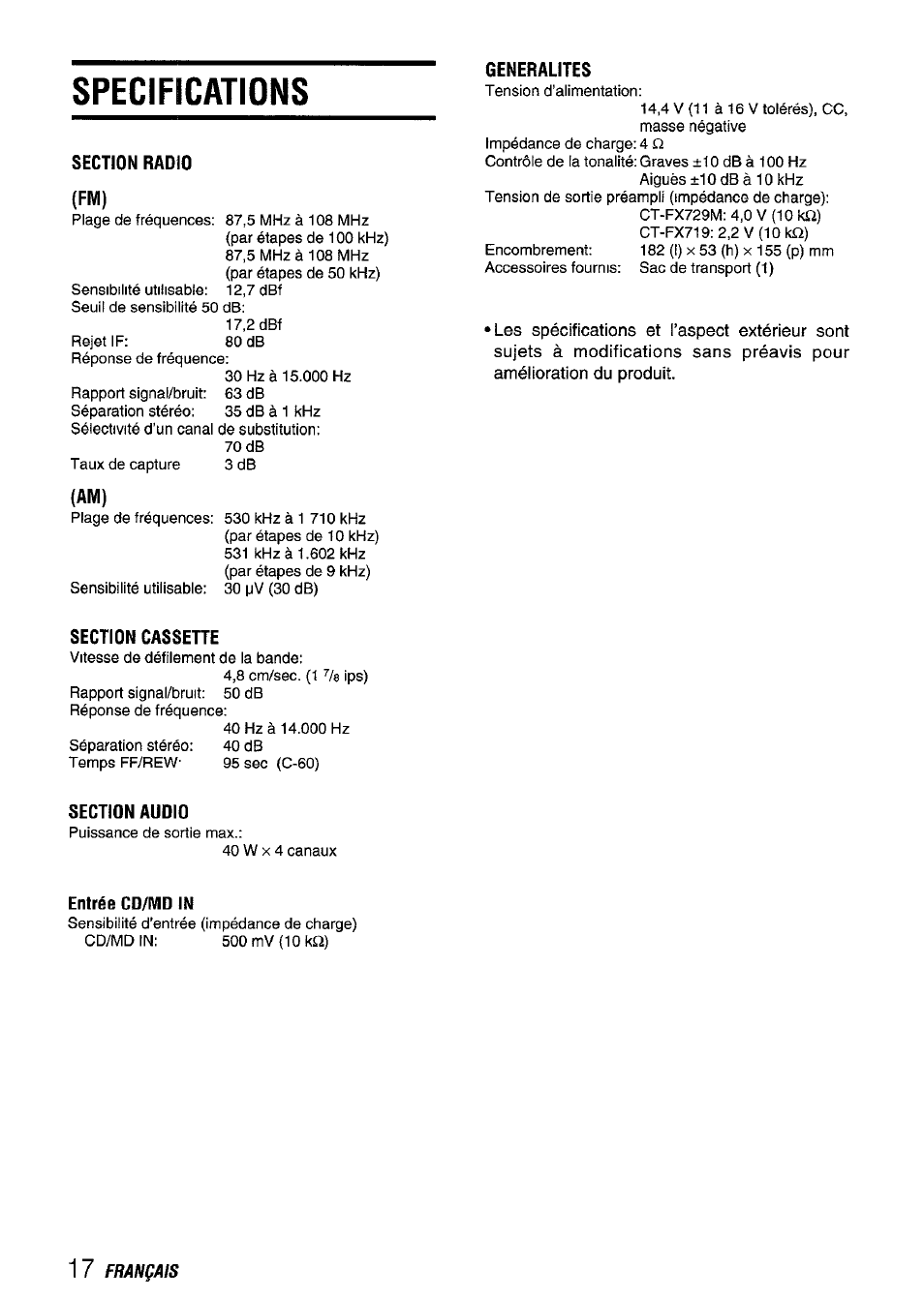 Specifications, Section radio (fm), Generalites | Section cassehe, Section audio | Aiwa CT-FX729M User Manual | Page 54 / 56