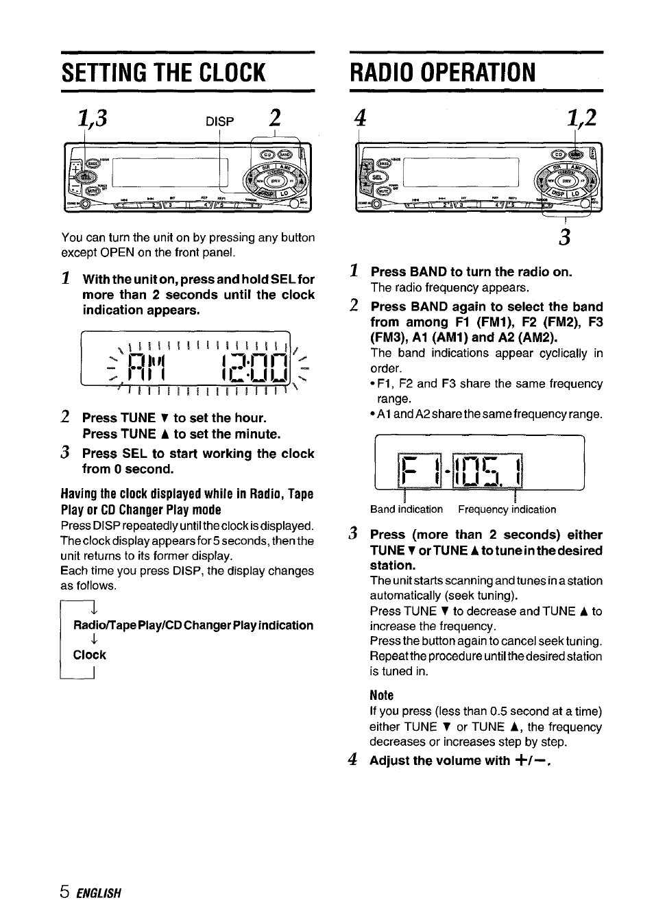 Setting the clock, Radio operation, 2 press tune t to set the hour | Radioftape play/cd changer play indication, Clock, Press band to turn the radio on, Note, Setting the clock radio operation | Aiwa CT-FX729M User Manual | Page 6 / 56