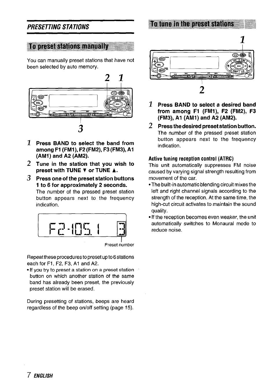 To tune in the preset stations, To preset stations manually, 2 press the desired preset station button | Active tuning reception control (atrc) | Aiwa CT-FX729M User Manual | Page 8 / 56