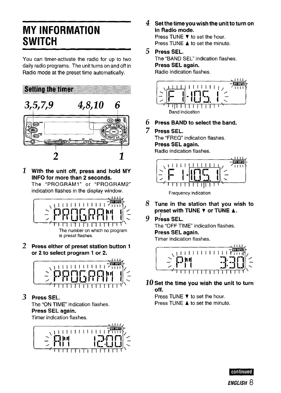 My information switch, Setting the timer, Rf»uüt‘mm | C i t i, Lug. i, R gm»( (g-nn, Mm il.uu, M g'gu, R f » u ü t ‘ m m, Ganr | Aiwa CT-FX729M User Manual | Page 9 / 56