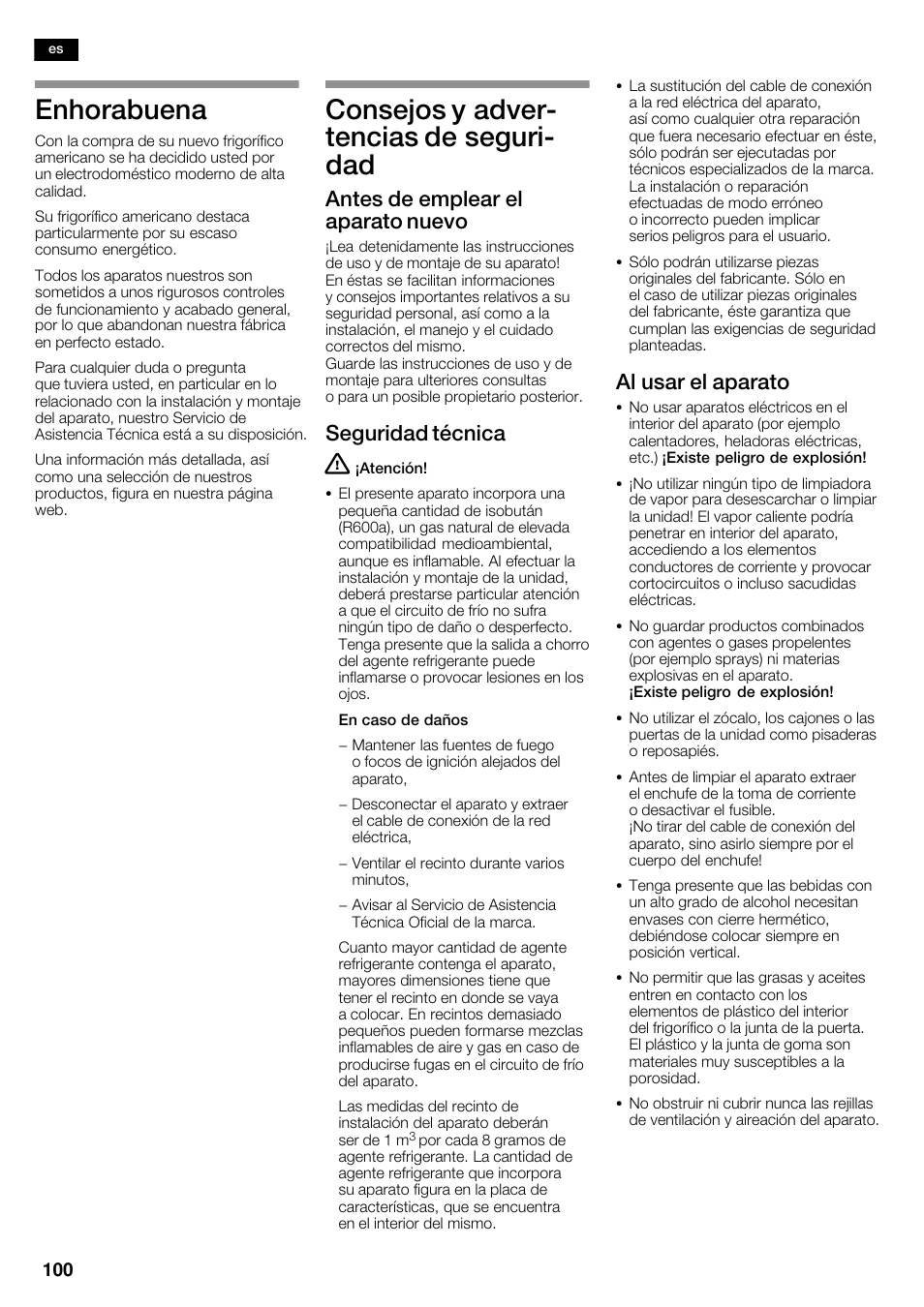 Enhorabuena, Consejos y adverć tencias de segurić dad, Antes de emplear el aparato nuevo | Seguridad técnica, Al usar el aparato | Siemens KA62DV75 User Manual | Page 100 / 120