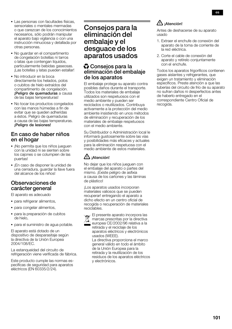 En caso de haber niños en el hogar, Observaciones de carácter general | Siemens KA62DV75 User Manual | Page 101 / 120