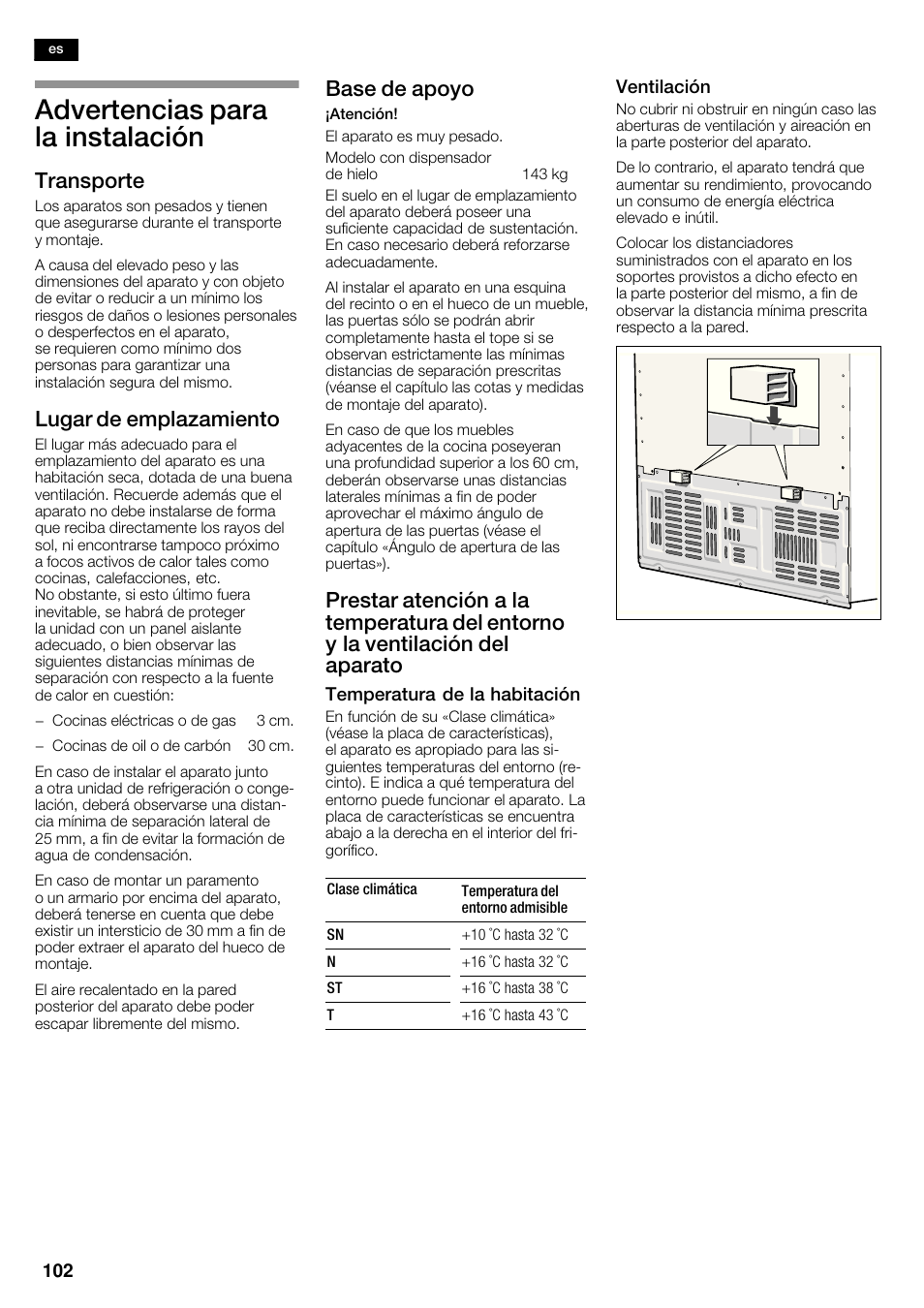 Advertencias para la instalación, Transporte, Lugar de emplazamiento | Base de apoyo | Siemens KA62DV75 User Manual | Page 102 / 120