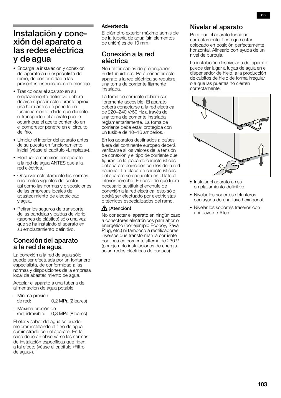 Conexión del aparato a la red de agua, Conexión a la red eléctrica, Nivelar el aparato | Siemens KA62DV75 User Manual | Page 103 / 120