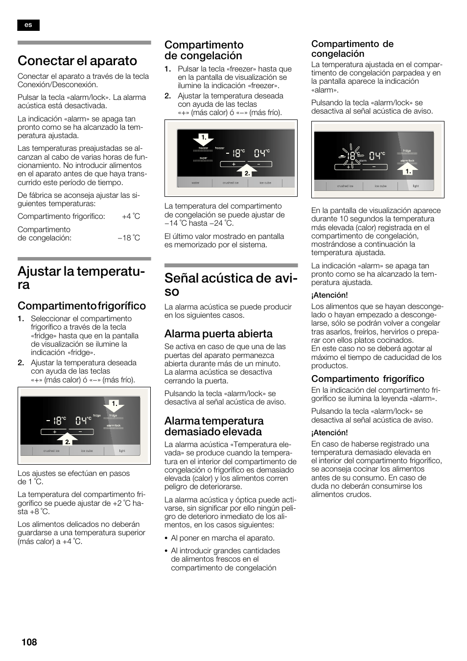 Conectar el aparato, Ajustar la temperatuć ra, Señal acústica de avić so | Compartimento frigorífico, Compartimento de congelación, Alarma puerta abierta, Alarma temperatura demasiado elevada | Siemens KA62DV75 User Manual | Page 108 / 120