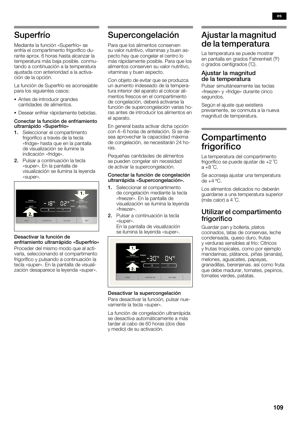 Compartimento frigorífico, Superfrío, Supercongelación | Ajustar la magnitud de la temperatura, Utilizar el compartimento frigorífico | Siemens KA62DV75 User Manual | Page 109 / 120