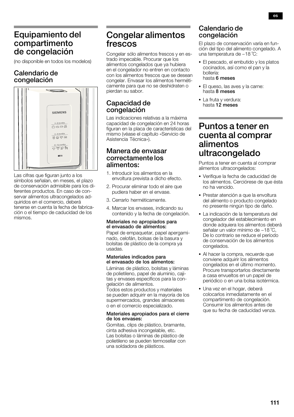 Congelar alimentos frescos, Equipamiento del compartimento de congelación, Calendario de congelación | Capacidad de congelación, Manera de envasar correctamente los alimentos | Siemens KA62DV75 User Manual | Page 111 / 120