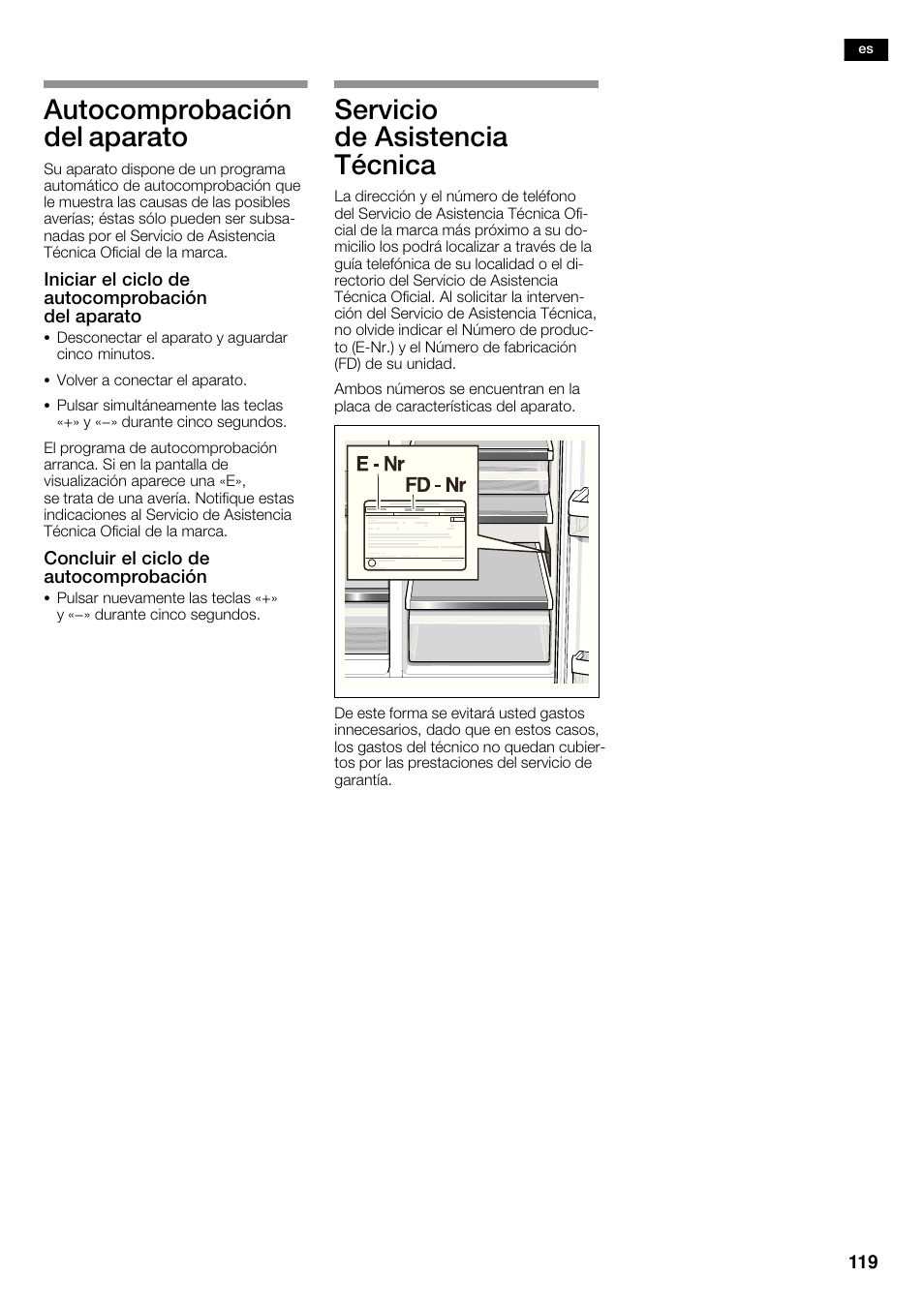 Autocomprobación del aparato, Servicio de asistencia técnica | Siemens KA62DV75 User Manual | Page 119 / 120