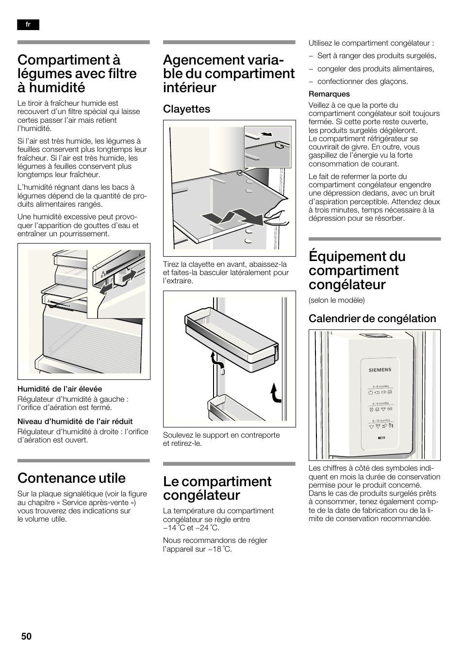 Compartiment à légumes avec filtre à humidité, Contenance utile, Agencement variać ble du compartiment intérieur | Le compartiment congélateur, Équipement du compartiment congélateur, Clayettes, Calendrier de congélation | Siemens KA62DV75 User Manual | Page 50 / 120