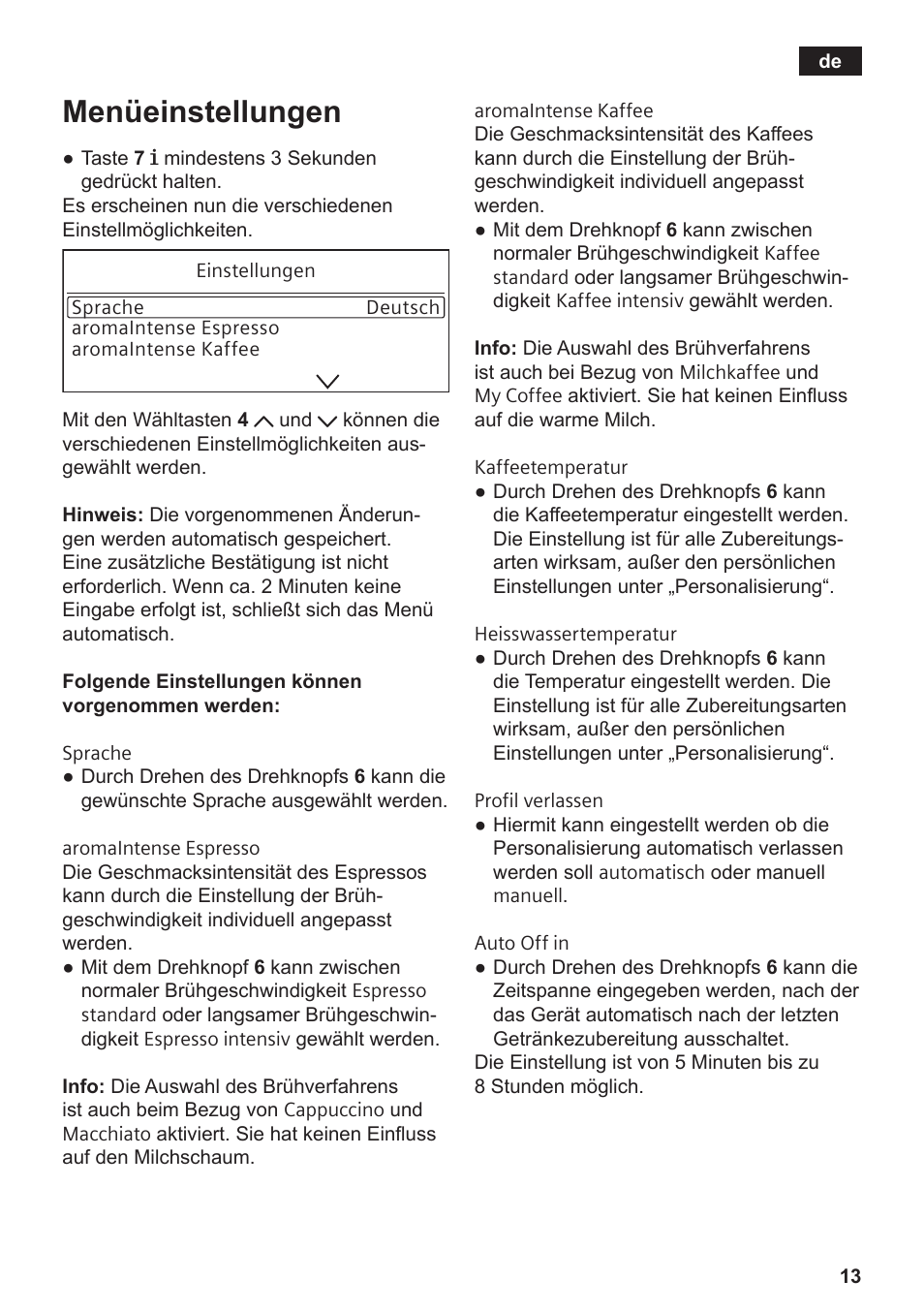 Menüeinstellungen | Siemens TE809501DE User Manual | Page 17 / 120