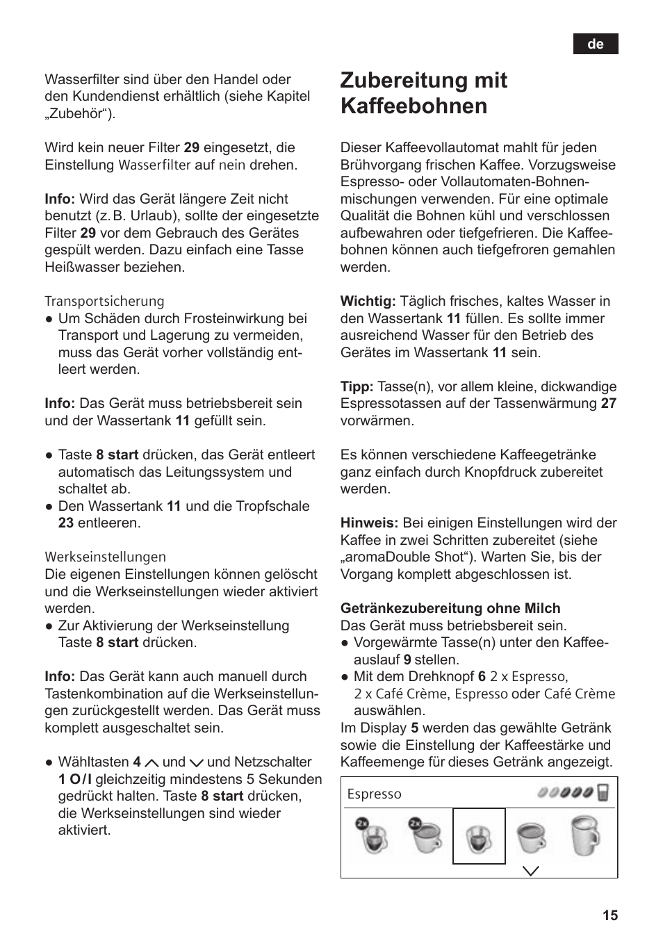 Zubereitung mit kaffeebohnen | Siemens TE809501DE User Manual | Page 19 / 120